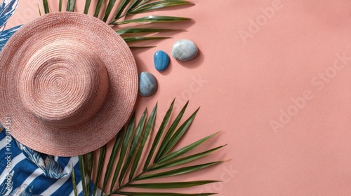 Summer Vibes with Pink Hat and Tropical Leaves on Coral Background