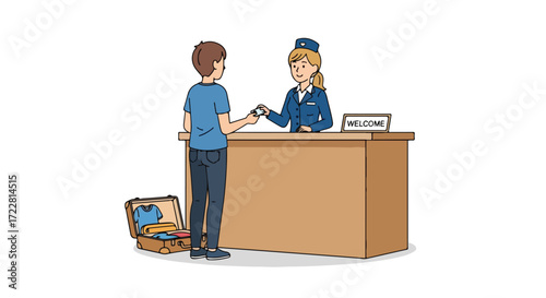 A friendly hotel employee assists a guest with check-in procedures cartoon art illustration and travel and lodging booking concept for hotel