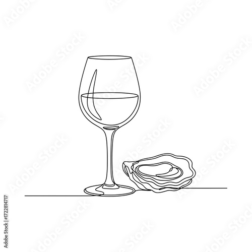 Wine glass and oyster in minimalist line art on white background