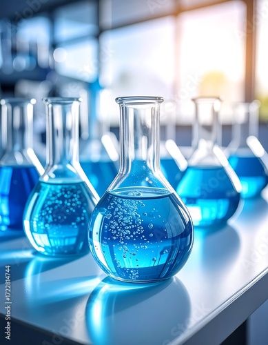 Beaker lab scene with blue liquid