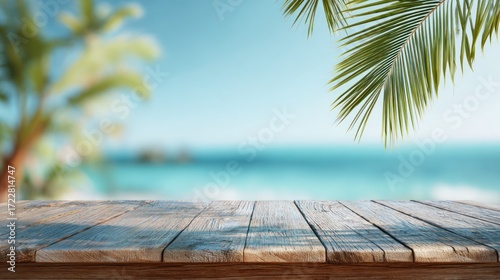 Tranquil Tropical Beach Scene with Wooden Table and Palm Leaves