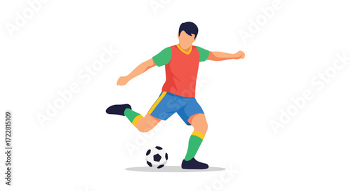 Dynamic football action vector illustration depicting a player kicking the ball with power and precision in vibrant colors, isolated on a clear