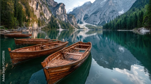 Serene Morning at the Alpine Lake with Wooden Boats and Mountains