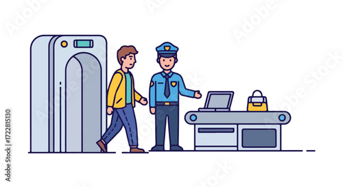 Cartoon illustration of airport security checkpoint process with passenger and security officer supervision