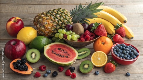 A healthy group of fresh, ripe tropical fruits and vegetables on a wooden table