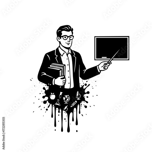 Retro Teacher Holding Books and Pointing to a Blackboard
