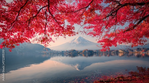 Serene View of Mount Fuji Surrounded by Vibrant Autumn Foliage