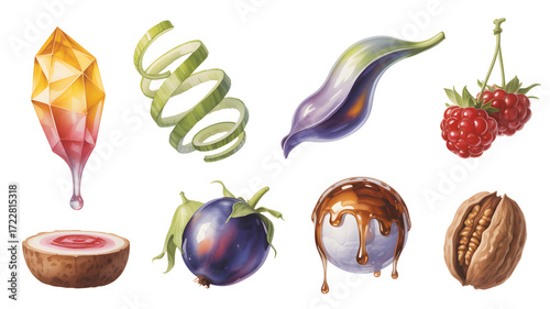 Collection of Food and Decorative Elements Featuring a Crystal, Peel, Leaf, Berries, Coconut, Eggplant, Caramel Sphere, and Nut on White