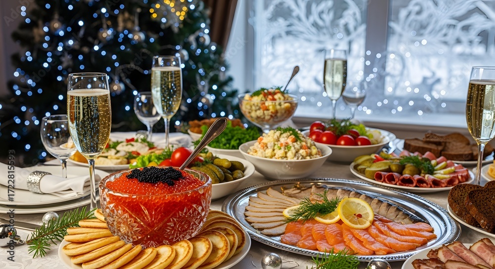 Naklejka premium Festive Holiday Dinner Table with Champagne, Caviar and Food