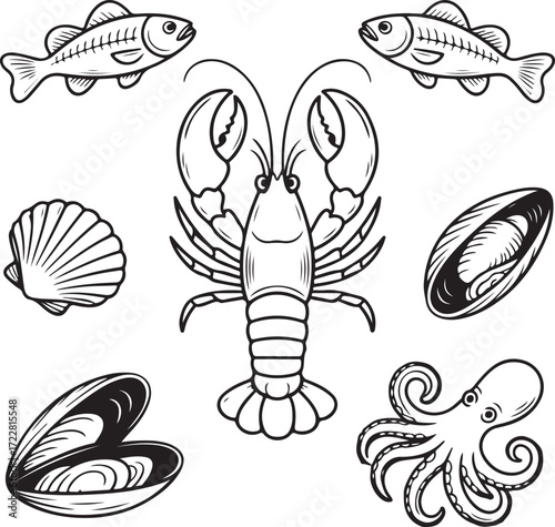 Black and white line art set of seafood and fish illustrations lobster octopus