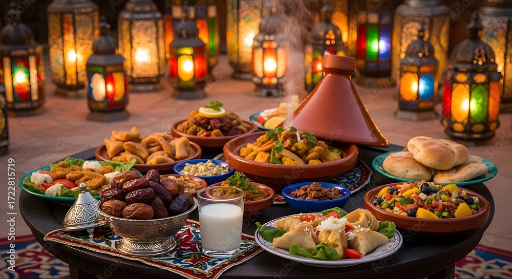 Fototapeta premium Moroccan Iftar Feast with Tagine, Dates and Lit Lanterns