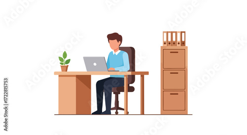 Illustration of a man working on a laptop at his desk in a modern office setting illustration depicting remote work