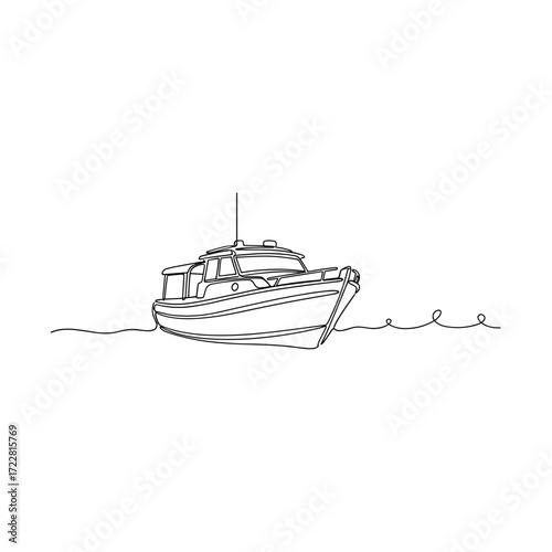 Motorboat floating on water in minimalist black line art style