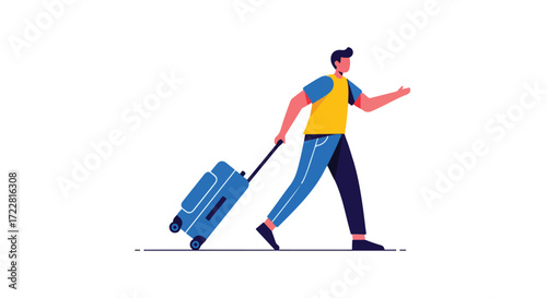 Illustration of a joyful traveler pulling his blue suitcase along a minimalist ground plane, suggesting a sense of wanderlust and adventure with