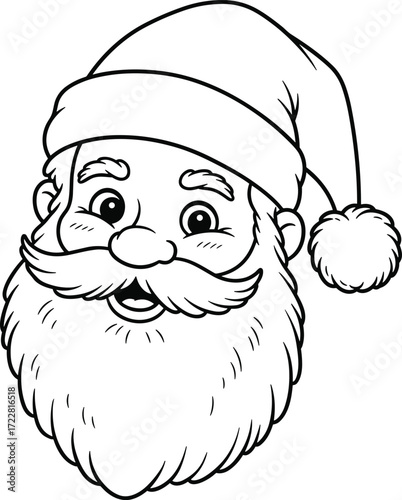 Santa Claus face, black and white line drawing, Christmas holiday illustration, festive coloring page artwork, jolly Santa outline graphic design