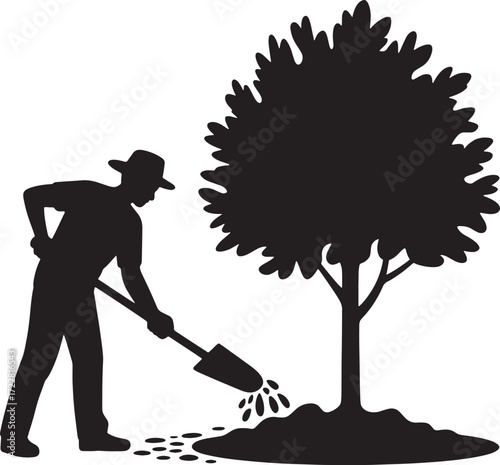 Silhouette Gardener Fertilizing Tree Fertilization Shovel Soil Planting Growing Plant