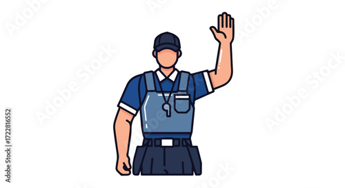 A Faceless Referee Making a Signal With His Hand in a Blue Outfit Uniform and Whistle Isolated on White Background