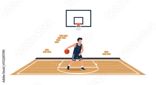 Basketball player dribbling on indoor court practicing game skills with a hoop overhead for training session