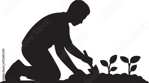 Gardening Silhouette. Person Planting Seedling, Planting Plant on Transparent Backdrop