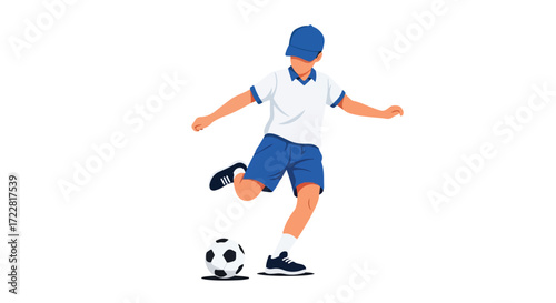 Energetic young soccer player kicking a ball with focused concentration and dynamic movement illustration