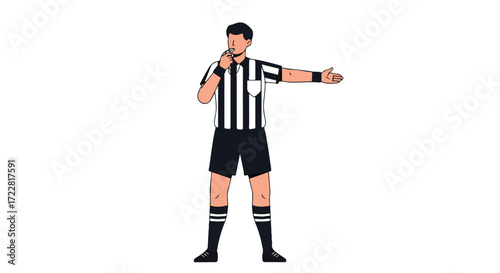 Referee blowing whistle and signaling direction in a stylized illustration promoting fair play and sportsmanship with dynamic line art