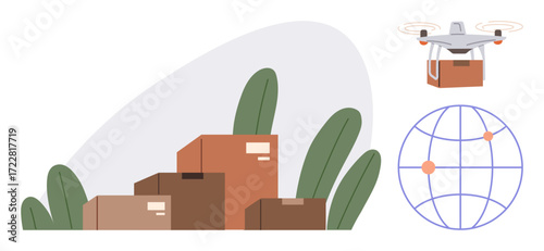 Stacked cardboard boxes, quadcopter carrying a package, and a globe with marked locations. Ideal for global shipping, modern logistics, online shopping, technology, delivery services, e-commerce