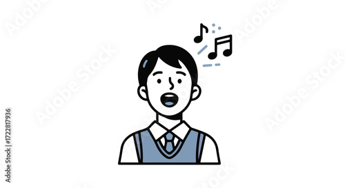 Illustration depicting a young man joyfully singing with musical notes floating above his head portraying harmonic expression