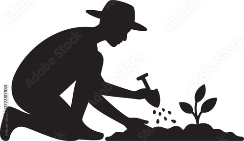 Man Silhouette Planting Seedling Using Shovel Gardening on Transparent Background