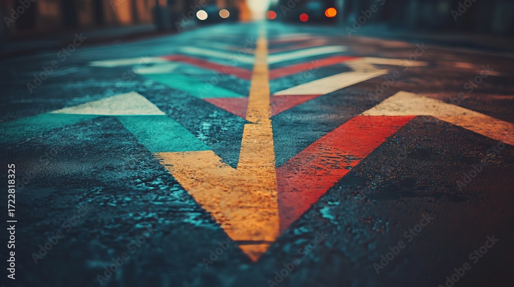 Fototapeta premium Colorful directional arrows painted on a wet city street guide the way forward, offering urban adventure and a sense of vibrant discovery