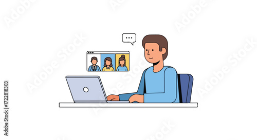 Illustration of a remote worker attending a video conference on a laptop computer showing teamwork and collaboration in business communications