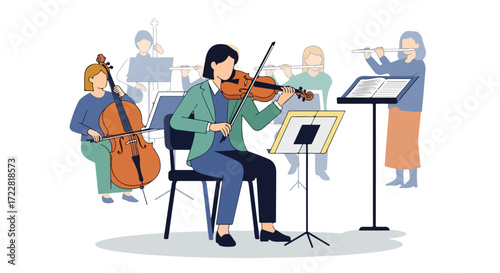 Chamber orchestra performance illustration showcasing musicians playing diverse instruments with focus on collaboration and harmonic ensemble