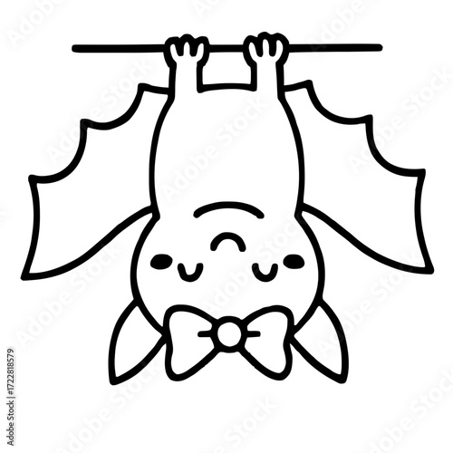 Cute cartoon bat hanging upside down with big bow tie and smiling face. Black and white line art. Perfect for Halloween coloring pages, kids' crafts, party decor, and festive designs.