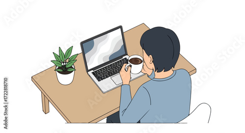 Illustration of a man working remotely with a laptop and coffee, showcasing modern digital nomad life and home office setup for online businesses