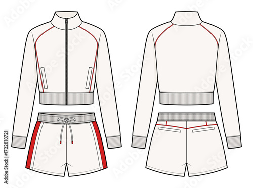 Unisex Athleisure Track Set Technical Fashion Illustration. Cropped Zip-Up Jacket with Raglan Sleeves, Ribbed Hem, and Drawstring Shorts with Contrast Side Panels. Front and Back CAD Mockup Set.