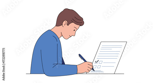 Young man completing checklist with pen. Illustration of a person filling out a form or application attentively completing an important task for