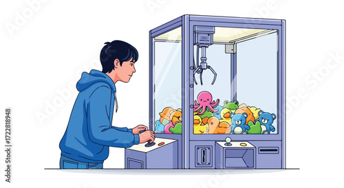 A young man playing an arcade claw machine game, trying to win plush toys with focused concentration and anticipation of grabbing the desired prize