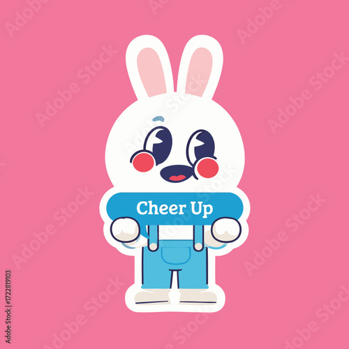 A cute white bunny sticker in blue overalls, holding a "Cheer Up" banner, designed to spread a positive message and bring a smile to anyone's face with its cheerful expression.