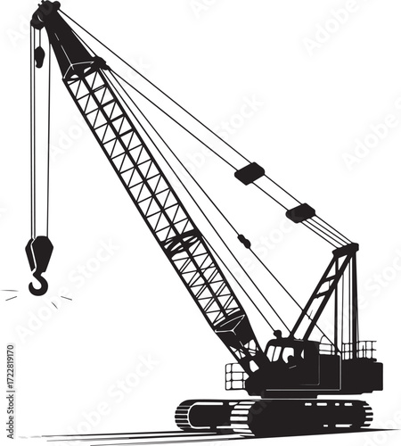 Black silhouette of a heavy duty crawler crane with hook heavy machinery construction