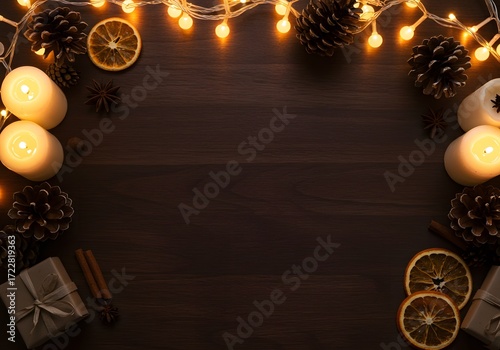 Warm Bokeh Lights and Glowing Candles on Dark Rustic Wood Holiday Background