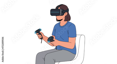 Immersive Virtual Reality Experience: Young Woman Exploring Digital Worlds with Advanced VR Headset and Controllers