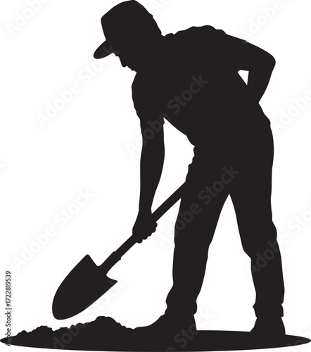 Silhouetted Gardener Digging Soil with Shovel, Earthworks, Agriculture, Ground Work Vector