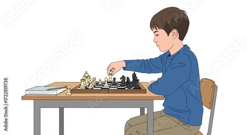 Focused young boy immersed in a captivating chess game on a wooden table in quiet contemplation and strategy session
