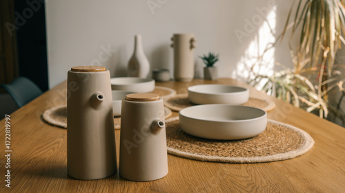 Tableau sur toile Minimalist Table Setting with Ceramic Vessels and Bowls