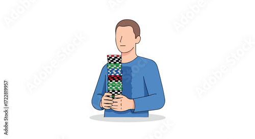 A man holds a colorful stack of casino chips, showcasing risk taking and the thrill of winning in the gaming world, a symbol of fortune and