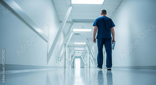 Medical professional in blue scrubs walks down a long, brightly lit hospital corridor, seen from behind, holding a clipboard.