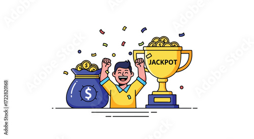 A joyful cartoon celebrating winning a jackpot prize with a money bag and trophy, conveying the thrill of achievement and financial success