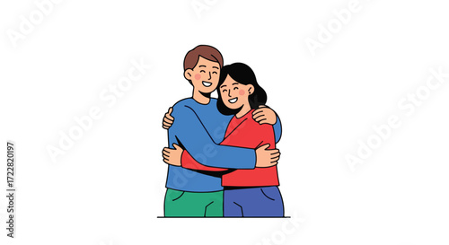 Illustrative depiction of two young people embracing tightly displaying affection and connection in a vector graphic conveying warmth and happiness