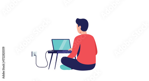 Person working on laptop, seated cross-legged, plugged into wall outlet, isolated illustration of the new remote work lifestyle from home with