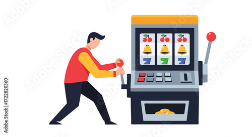 Illustration depicting a man actively pulling the lever on a classic slot machine, symbolizing chance and gaming excitement