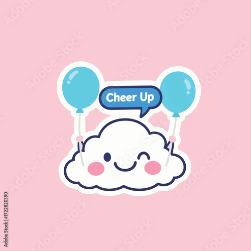 A cheerful cloud sticker winking while holding two blue balloons, with a "Cheer Up" speech bubble, bringing a sense of lightness and encouragement, perfect for uplifting content.